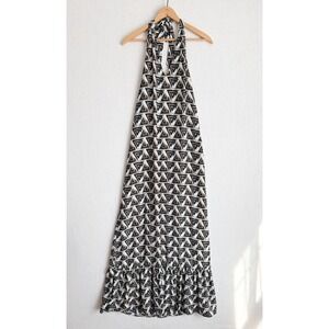 Lavender Brown Geometric Triangle Print Halter Maxi Dress Black Tan XS